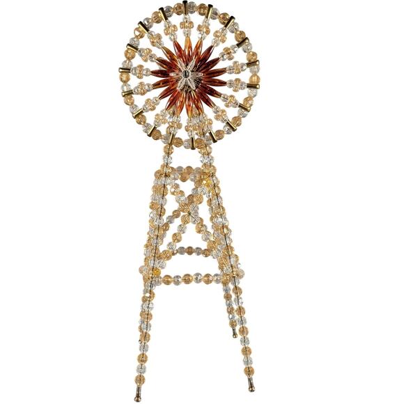 Vintage Beaded Windmill Sculpture Gold Amber Plastic Bead Handmade 13" Farmhouse - Picture 2 of 16